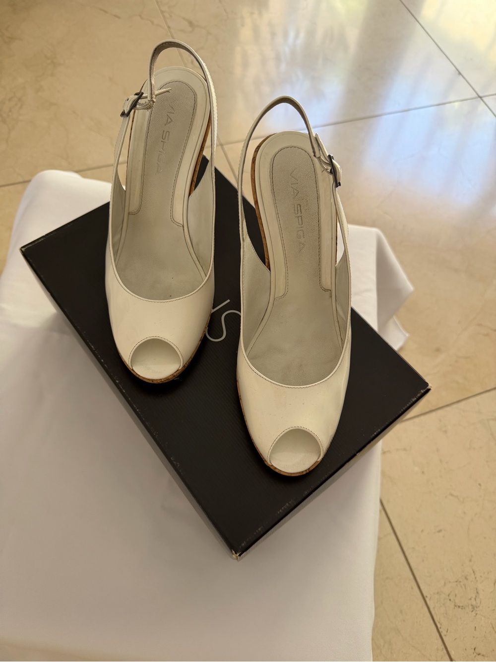 Via Spiga White Peep-Toe Slingback Heels